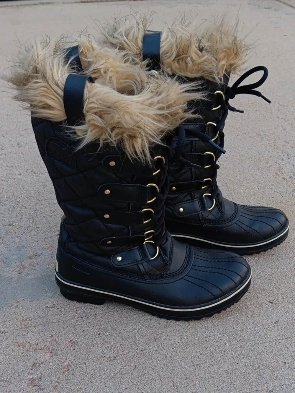 Sorel Tofino Canvas Black Winter Boots Fur Trim Womens Size 7